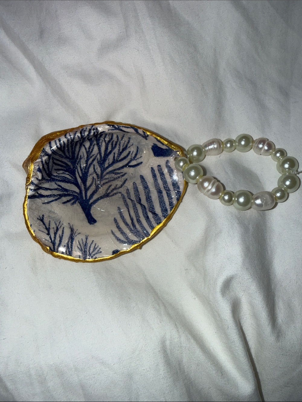 Handmade Blue Coral Shell Ornament with Pearl Bead Strap